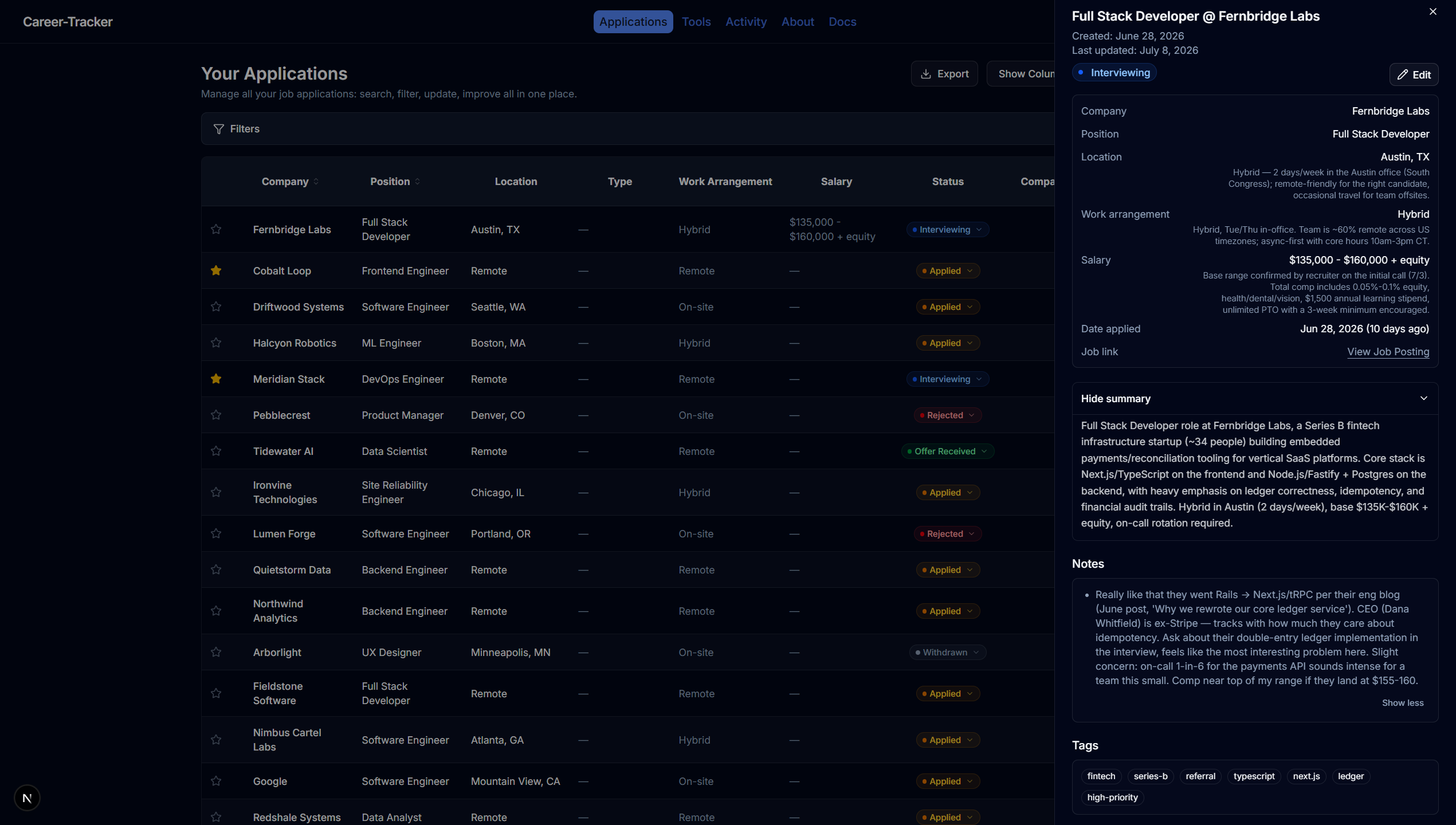 Career-Tracker.ca application drawer overview