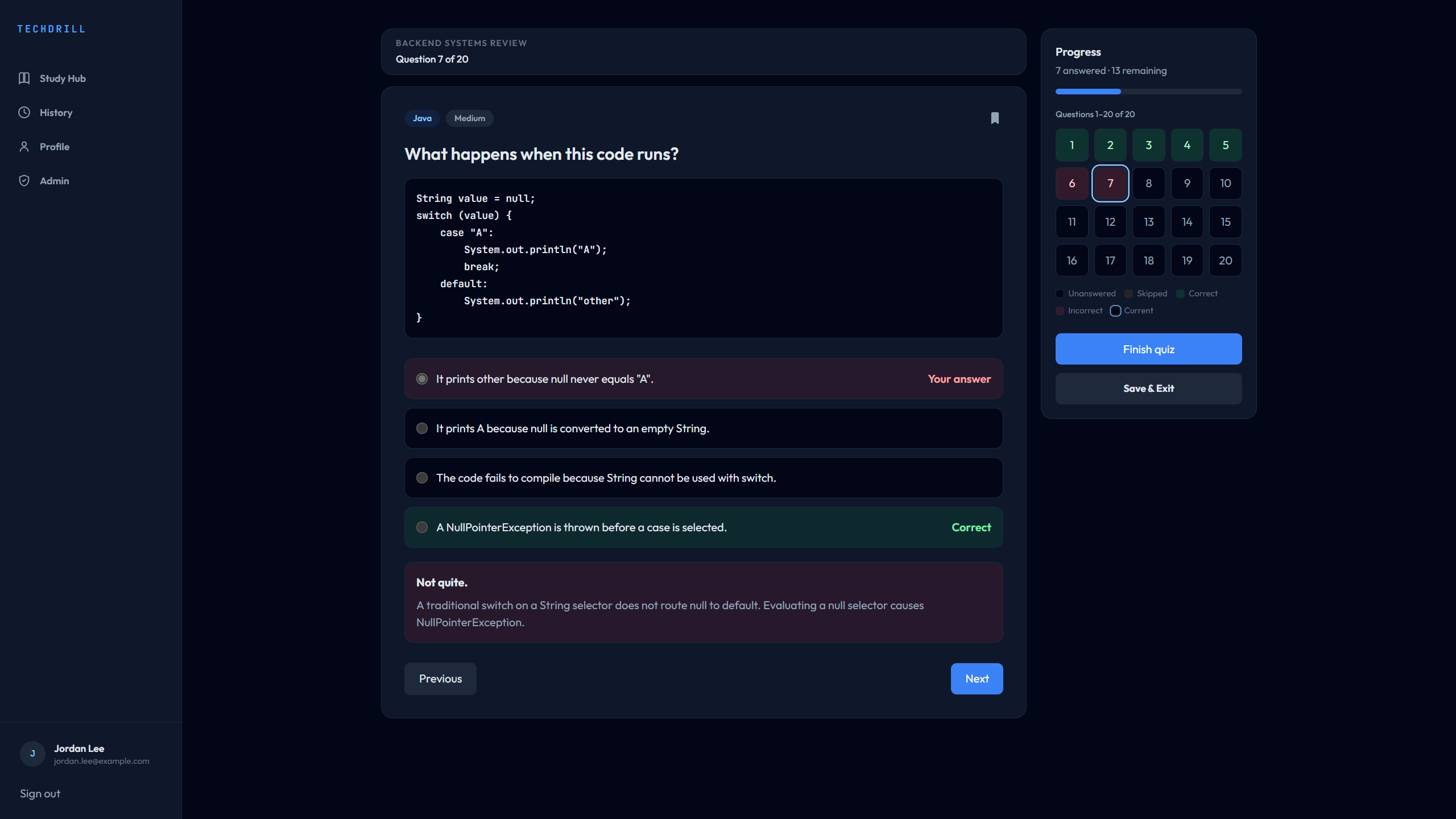 TechDrill quiz with immediate answer feedback and progress tracking