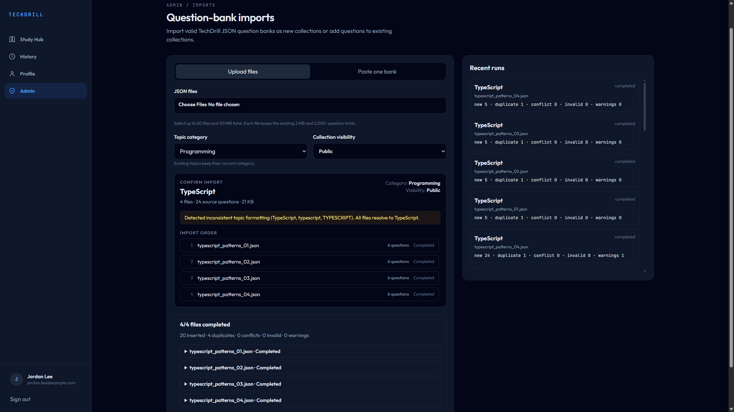 TechDrill multi-file question-bank import workflow