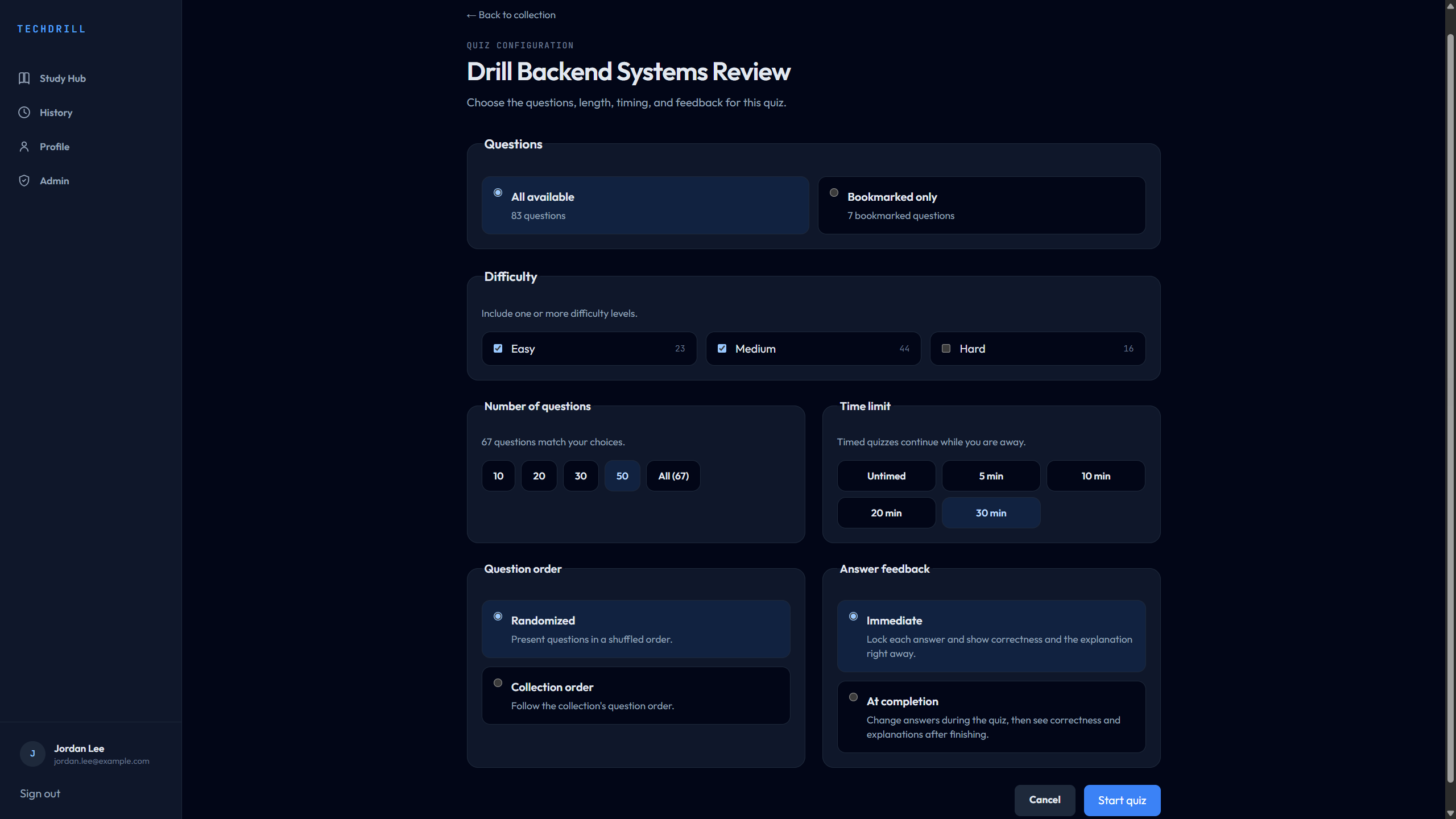 Configuring a personalized TechDrill quiz