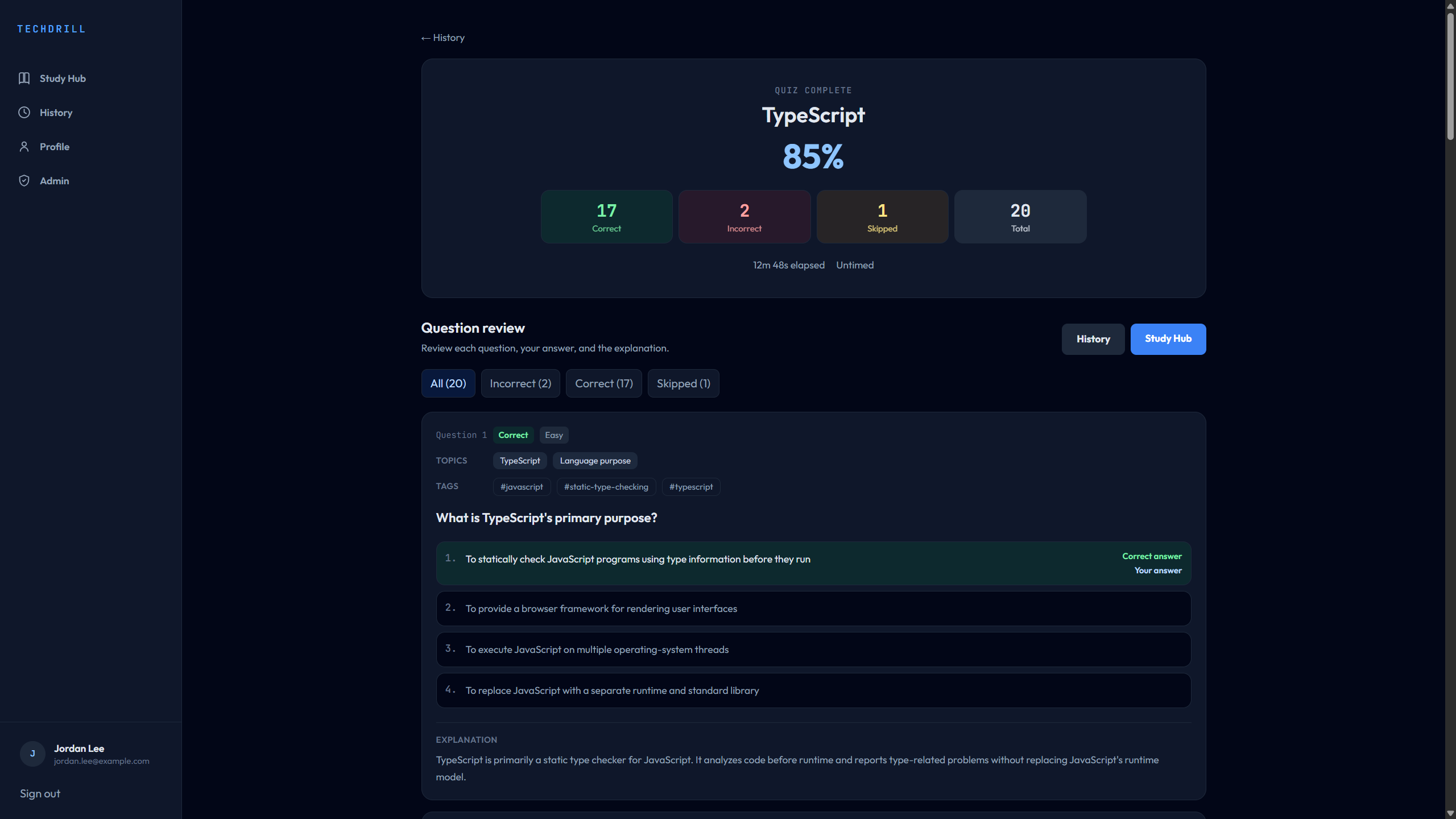 TechDrill completed quiz results and question review