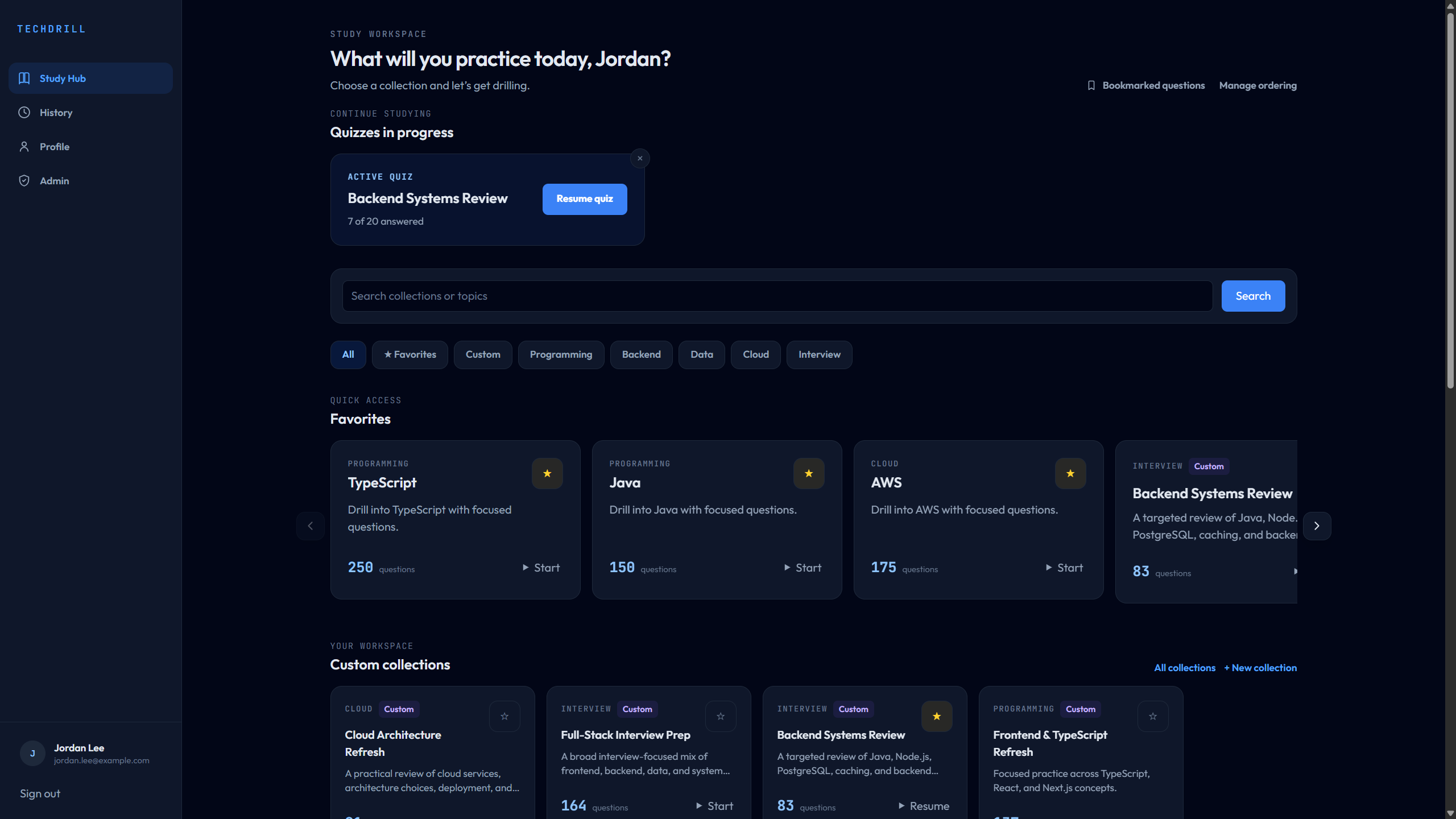 TechDrill Study Hub with active quizzes, favorites, and custom collections
